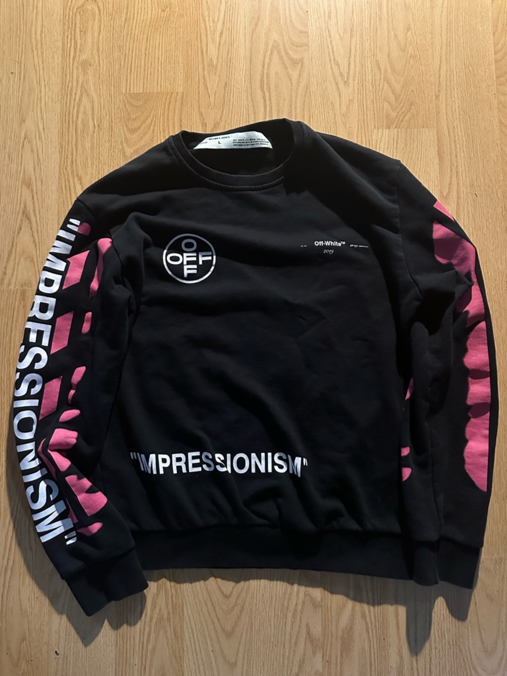 Off-White Black Crewneck Sweatshirt with Pink Sleeve Graphics